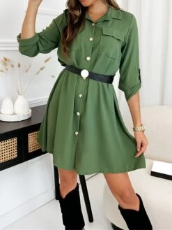 Women's Shirt Dress Casual Dress Mini Dress Outdoor Daily Vacation Cotton Fashion Modern Shirt Collar Button Pocket Long Sleeve Fall Winter 2023 Regular Fit Black Brown Green Pure Color XS S M L XL -HANA Luxury Wear Shop udtfiy1695813907450