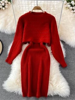 Women's Two Piece Dress Set Casual Dress Sheath Dress Outdoor Daily Fashion Streetwear Ruched Midi Dress Crew Neck Long Sleeve Plain Loose Fit Black White Wine Fall Winter One-Size -HANA Luxury Wear Shop uekelg1694057143292