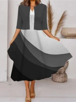 Women's Two Piece Dress Set Casual Dress Tank Dress Outdoor Daily Fashion Streetwear Pocket Print Midi Dress V Neck 3/4 Length Sleeve Geometric Color Block Regular Fit Black White Blue Spring Fall S -HANA Luxury Wear Shop uemydg1690857632478