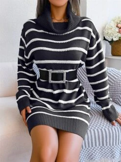 Women's Sweater Dress Jumper Dress Casual Dress Mini Dress Fashion Stripe Outdoor Daily Going Out Turtleneck Long Sleeve 2023 Loose Fit Black Khaki S M L -HANA Luxury Wear Shop ueyamg1694756414366