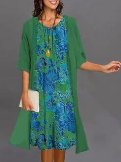 Women's Two Piece Dress Set Casual Dress Print Dress Outdoor Daily Fashion Elegant Print Midi Dress Crew Neck 3/4 Length Sleeve Floral Regular Fit Wine Navy Blue Blue Summer Spring S M L XL XXL -HANA Luxury Wear Shop ugdivn1687920844502