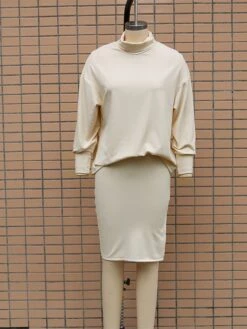 Women's Two Piece Dress Set Casual Dress Skirt Set Outdoor Daily Fashion Streetwear Split Ribbed Midi Dress Turtleneck Long Sleeve Plain Loose Fit Black Brown Beige Fall Winter S M L XL -HANA Luxury Wear Shop ugjtrd1694596422224