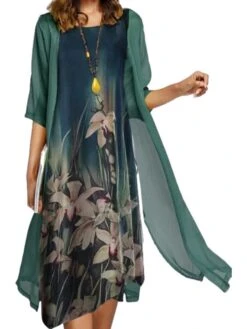 Women's Two Piece Dress Set Semi Formal Dress Formal Party Party Classic Print Midi Dress Crew Neck Half Sleeve Graphic Loose Fit Blue Dark Green Purple Summer Spring M L XL 4XL 5XL -HANA Luxury Wear Shop uglvbe1672999942061