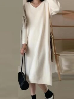 Women's Sweater Dress Jumper Dress Casual Dress Midi Dress Fashion Pure Color Outdoor Daily Vacation Going Out V Neck Long Sleeve Patchwork 2023 Regular Fit Black White Pink One Size -HANA Luxury Wear Shop ugodmw1695351275390