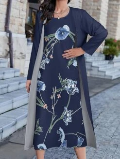 Women's Two Piece Dress Set Casual Dress Print Dress Daily Holiday Fashion Modern Print Long Dress Maxi Dress Crew Neck Long Sleeve Floral Butterfly Regular Fit Black Blue Sky Blue Summer Spring S M -HANA Luxury Wear Shop ugxnaw1694511570436