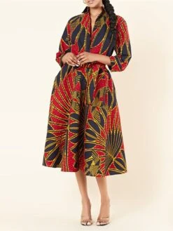 Women's Shirt Dress Print Dress Midi Dress Midi Dress Outdoor Daily Date Polyester Fashion Vintage Shirt Collar Lace Up Strappy Long Sleeve Summer Spring Fall 2023 Regular Fit Red Leaf Stripe Painting -HANA Luxury Wear Shop uhcjgt1663921953509