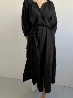 Women's Casual Dress Cotton Linen Dress Loose Dress Midi Dress Linen / Cotton Blend Fashion Daily Outdoor Daily Vacation V Neck Lace Up Button Long Sleeve Fall Autumn 2023 Loose Fit Black Blue Apricot -HANA Luxury Wear Shop uhdwhq1692955815858