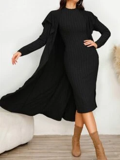 Women's Two Piece Dress Set Casual Dress Sheath Dress Home Daily Fashion Streetwear Split Midi Dress Stand Collar Long Sleeve Plain Slim Black Army Green Gray Fall Winter S M L XL XXL -HANA Luxury Wear Shop uhqfxu1695813711203