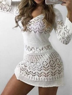 Women‘s Sweater Dress Winter Dress White Dress Brown White Long Sleeve Pure Color Ruched Winter Fall V Neck Casual XS S M L XL -HANA Luxury Wear Shop uhxskt1630657535804
