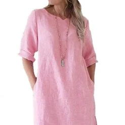 Women's Cotton Linen Dress A Line Dress Mini Dress Cotton Cotton Blend Casual Comfort Home Split Neck Pocket Rolled Cuff Half Sleeve Summer Spring Loose Fit Pink Light Blue Gray Pure Color S M L XL -HANA Luxury Wear Shop uibngv1651741057628