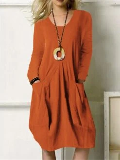 Women's Casual Dress Cotton Linen Dress Midi Dress Cotton Blend Stylish Basic Outdoor Winter Dress Daily Round Neck Ruched Pocket Long Sleeve Summer Spring Fall 2023 Regular Fit Black Orange Green -HANA Luxury Wear Shop uihrvg1659940685812