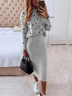 Women's Two Piece Dress Set Casual Dress Skirt Set Daily Date Streetwear Casual Print Midi Dress Turtleneck Long Sleeve Star Regular Fit White Red Navy Blue Fall Winter S M L XL -HANA Luxury Wear Shop uiisxn1695364274225