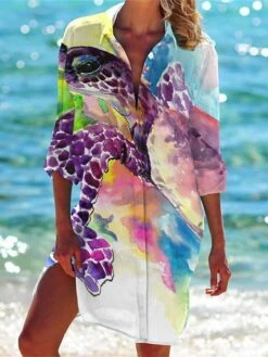 Women's Shirt Dress Casual Dress Shift Dress Mini Dress Outdoor Daily Date Polyester Fashion Classic Shirt Collar Pocket Print Half Sleeve Summer Spring 2023 Loose Fit White Red Navy Blue Fish S M L -HANA Luxury Wear Shop uikugk1677739844464