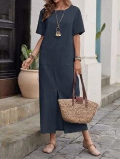 Women's Casual Dress Cotton Linen Dress Shift Dress Midi Dress Cotton Blend Fashion Classic Outdoor Daily Vacation Crew Neck Pocket Split Short Sleeve Summer Spring 2023 Loose Fit ArmyGreen Wine Navy -HANA Luxury Wear Shop uimiko1686883749317