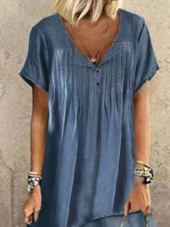 Women's Casual Dress Cotton Linen Dress Swing Dress Midi Dress Cotton Blend Basic Modern Outdoor Daily V Neck Button Layered Short Sleeve Summer Spring 2023 Loose Fit Blue Plain S M L XL 2XL -HANA Luxury Wear Shop uipcyj1683796997916