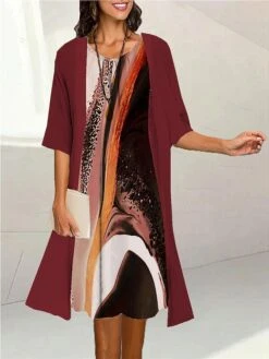 Women's Two Piece Dress Set Casual Dress Print Dress Outdoor Daily Fashion Elegant Print Midi Dress Crew Neck 3/4 Length Sleeve Ombre Marble Print Loose Fit Black Light Green Pink Summer Spring S M L -HANA Luxury Wear Shop uiymip1690171186418