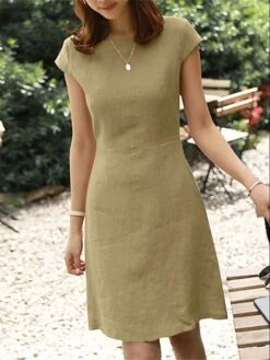 Women's Casual Dress Cotton Linen Dress A Line Dress Midi Dress Cotton Blend Casual Outdoor Vacation Crew Neck Zipper Short Sleeve Summer Spring 2023 Regular Fit ArmyGreen Light Green Pink Plain S M -HANA Luxury Wear Shop uizoon1683797307197