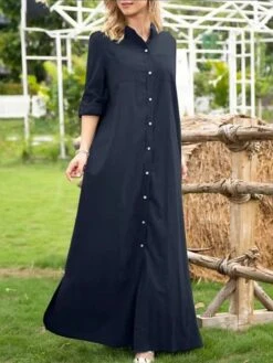 Women's Shirt Dress Casual Dress Maxi Long Dress Outdoor Daily Vacation Polyester Fashion Casual Shirt Collar Button Long Sleeve Summer Spring Fall 2023 Loose Fit Wine Navy Blue Green Plain S M L XL -HANA Luxury Wear Shop ujdqlw1689737495696