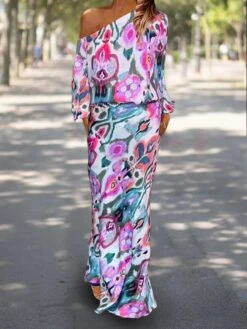 Women's Two Piece Dress Set Casual Dress Sheath Dress Outdoor Daily Fashion Streetwear Print Maxi Dress One Shoulder Long Sleeve Graphic Abstract Loose Fit Red Royal Blue Sky Blue Summer Spring S M L -HANA Luxury Wear Shop ujeucy1683598992678