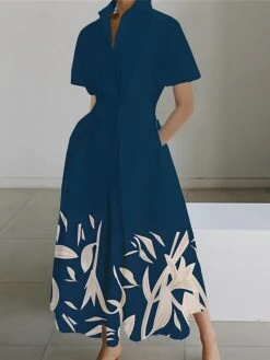 Women's Shirt Dress Casual Dress Swing Dress Maxi Long Dress Outdoor Office Daily Polyester Fashion Modern Shirt Collar Button Pocket Short Sleeve Summer Spring 2023 Loose Fit Wine Navy Blue Blue Leaf