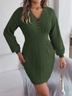 Women's Sweater Dress Winter Dress Jumper Dress Mini Dress Active Pure Color Outdoor Casual Holiday Vacation V Neck Long Sleeve Button 2023 Regular Fit White Pink Green S M L -HANA Luxury Wear Shop ujutqe1696926538827