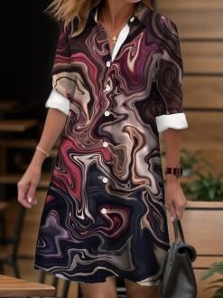 Women's Shirt Dress Casual Dress Midi Dress Outdoor Daily Date Polyester Fashion Modern Shirt Collar Button Pocket Long Sleeve Fall Winter 2023 Loose Fit Navy Blue Blue Purple Ombre S M L XL 2XL -HANA Luxury Wear Shop ujvvwo1695204847600