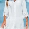 Women's Beach Dress Beach Wear Mini Dress Lace Casual Plain V Neck 3/4 Length Sleeve Vacation Going Out Almond 2023 Summer Spring S M L XL -HANA Luxury Wear Shop uknmof1684399208009