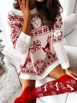Women‘s Christmas Sweater Dress Jumper Dress Winter Dress Fashion Ugly Christmas Outdoor Christmas Daily Going Out Crew Neck Long Sleeve Patchwork 2023 Loose Fit White Red S M L XL -HANA Luxury Wear Shop ukqpgj1694602151626