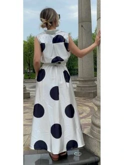 Women's Shirt Dress Casual Dress Swing Dress Maxi Long Dress Outdoor Office Daily Satin Fashion Modern Shirt Collar Button Pocket Sleeveless Summer Spring 2023 Regular Fit Black White Green Polka Dot -HANA Luxury Wear Shop ulenld1689836241878