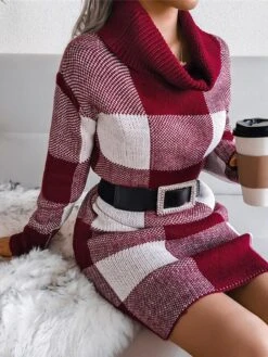 Women‘s Christmas Sweater Dress Winter Dress Sheath Dress Blue Wine Khaki Gray Long Sleeve Plaid Color Block Patchwork Winter Fall Turtleneck Casual S M L -HANA Luxury Wear Shop ulhfqv1634118520664