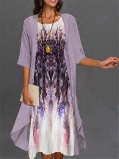 Women's Two Piece Dress Set Casual Dress Print Dress Outdoor Daily Fashion Elegant Print Midi Dress Crew Neck 3/4 Length Sleeve Floral Ombre Loose Fit Pink Dark Pink Blue Summer Spring S M L XL XXL -HANA Luxury Wear Shop uluafl1688725806031