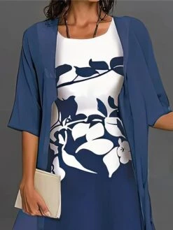 Women's Two Piece Dress Set Casual Dress Chiffon Dress Outdoor Daily Fashion Streetwear Print Midi Dress Crew Neck Half Sleeve Floral Regular Fit Dark Blue Fall Winter S M L XL XXL -HANA Luxury Wear Shop ulvaic1695364088169