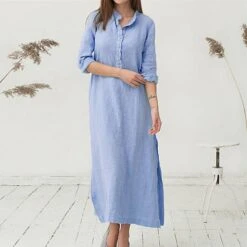 Women's Cotton Dress Pajamas Nightgown Nighty Pure Color Retro Comfort Home Daily Stand Collar Long Sleeve Button Summer Fall Spring White Blue -HANA Luxury Wear Shop ulvcyq1654067372829