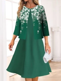 Women's Two Piece Dress Set Casual Dress Swing Dress Outdoor Office Fashion Streetwear Print Midi Dress Crew Neck 3/4 Length Sleeve Floral Regular Fit Wine Navy Blue Blue Spring Fall S M L XL XXL -HANA Luxury Wear Shop umaaau1691646777532