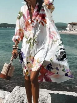 Women's Shirt Dress Casual Dress Swing Dress Mini Dress Outdoor Daily Vacation Polyester Fashion Casual Shirt Collar Button Print Long Sleeve Summer Spring Fall 2023 Loose Fit White Blue Floral S M L -HANA Luxury Wear Shop umiqml1680164322571
