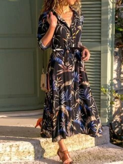 Women's Shirt Dress Casual Dress Tunic Dress Midi Dress Outdoor Daily Date Polyester Basic Classic Shirt Collar Button Tie Belt 3/4 Length Sleeve Spring Fall Winter 2023 Loose Fit Black Blue Green -HANA Luxury Wear Shop unaomz1693390906542