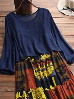 Women's Two Piece Dress Set Casual Dress Print Dress Daily Going Out Basic Ethnic Ruched Patchwork Midi Dress Crew Neck Long Sleeve Graphic Tribal Loose Fit Yellow Blue Fuchsia Summer Spring M L XL -HANA Luxury Wear Shop unobwo1677121572323