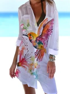 Women‘s Shirt Dress Cover Up Beach Dress Beach Wear Mini Dress Pocket Print Fashion Casual Floral Turndown 3/4 Length Sleeve Loose Fit Outdoor Daily White Yellow 2023 Spring Summer S M L XL -HANA Luxury Wear Shop unooqu1675938179342