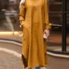 Women's Casual Dress Cotton Linen Dress Abaya Maxi Long Dress Linen / Cotton Blend Classic Casual Outdoor Daily Vacation Crew Neck Pocket Split Long Sleeve Spring Fall Winter 2023 Loose Fit ArmyGreen -HANA Luxury Wear Shop unvaqr1692340967136