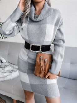 Women‘s Christmas Sweater Dress Winter Dress Sheath Dress Blue Wine Khaki Gray Long Sleeve Plaid Color Block Patchwork Winter Fall Turtleneck Casual S M L -HANA Luxury Wear Shop uoanic1634118524150