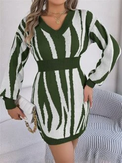 Women's Sweater Dress Winter Dress Jumper Dress Mini Dress Warm Stripe Outdoor Casual Holiday Vacation V Neck Long Sleeve Patchwork 2023 Loose Fit Green Khaki Rose Red S M L -HANA Luxury Wear Shop uocbyl1696926516387