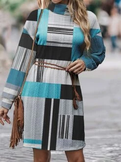 Women's Sweater Dress Jumper Dress Casual Dress Mini Dress Warm Plaid Outdoor Daily Vacation Going Out Turtleneck Long Sleeve 2023 Loose Fit Blue Orange Light Blue S M L XL XXL 3XL -HANA Luxury Wear Shop uoggit1695887819754