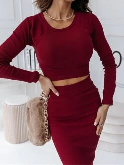 Women's Two Piece Dress Set Casual Dress Skirt Set Outdoor Daily Fashion Sexy Ribbed Midi Dress Crew Neck Long Sleeve Plain Regular Fit Black Wine Green Fall Winter S M L XL