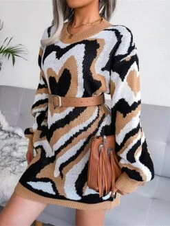 Women's Sweater Dress Jumper Dress Casual Dress Mini Dress Fashion Color Block Heart Outdoor Daily Vacation Going Out Crew Neck Long Sleeve 2023 Loose Fit Black Brown Khaki S M L -HANA Luxury Wear Shop uolail1694756606673