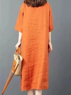 Women's Shirt Dress Casual Dress Cotton Dress Midi Dress Cotton Basic Classic Outdoor Daily Vacation Shirt Collar Button Pocket Half Sleeve Spring Fall Winter 2023 Loose Fit ArmyGreen Orange Plain S -HANA Luxury Wear Shop uonkra1692695053253