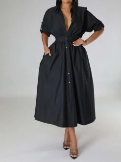 Women's Shirt Dress Casual Dress Swing Dress Maxi Long Dress Outdoor Daily Vacation Cotton And Linen Fashion Casual Shirt Collar Button Rolled Cuff Long Sleeve Spring Fall Winter 2023 Slim Black -HANA Luxury Wear Shop uoqgzc1695027664729