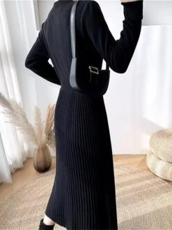 Women's Sweater Dress Winter Dress Jumper Dress Midi Dress Pleated Button Daily Date Going Out Fashion Basic Crew Neck Long Sleeve 2023 Slim Black Brown Green Color S M L XL Size -HANA Luxury Wear Shop upfhvs1692687928593