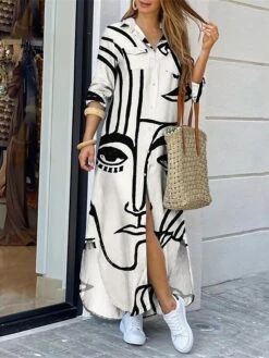 Women's Shirt Dress Casual Dress Shift Dress Maxi Long Dress Outdoor Daily Vacation Polyester Fashion Modern Shirt Collar Button Split Long Sleeve Summer Spring Fall 2023 Regular Fit White Yellow Red