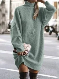 Women‘s Sweater Dress Winter Dress Green Khaki Light Gray Light Blue Long Sleeve Pure Color Knit Winter Fall Turtleneck Basic Casual Fit 2022 S M L XL XXL 3XL 4XL -HANA Luxury Wear Shop uqjvpa1693965257821