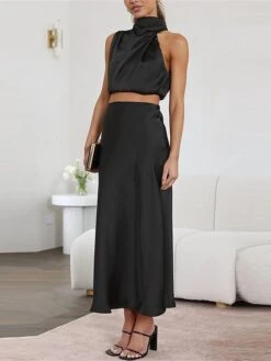 Women's Two Piece Dress Set Casual Dress Skirt Set Daily Holiday Fashion Sexy Ruched Long Dress Maxi Dress Stand Collar Sleeveless Plain Regular Fit Black White Light Green Summer Spring S M L XL -HANA Luxury Wear Shop uqkayq1690857193120